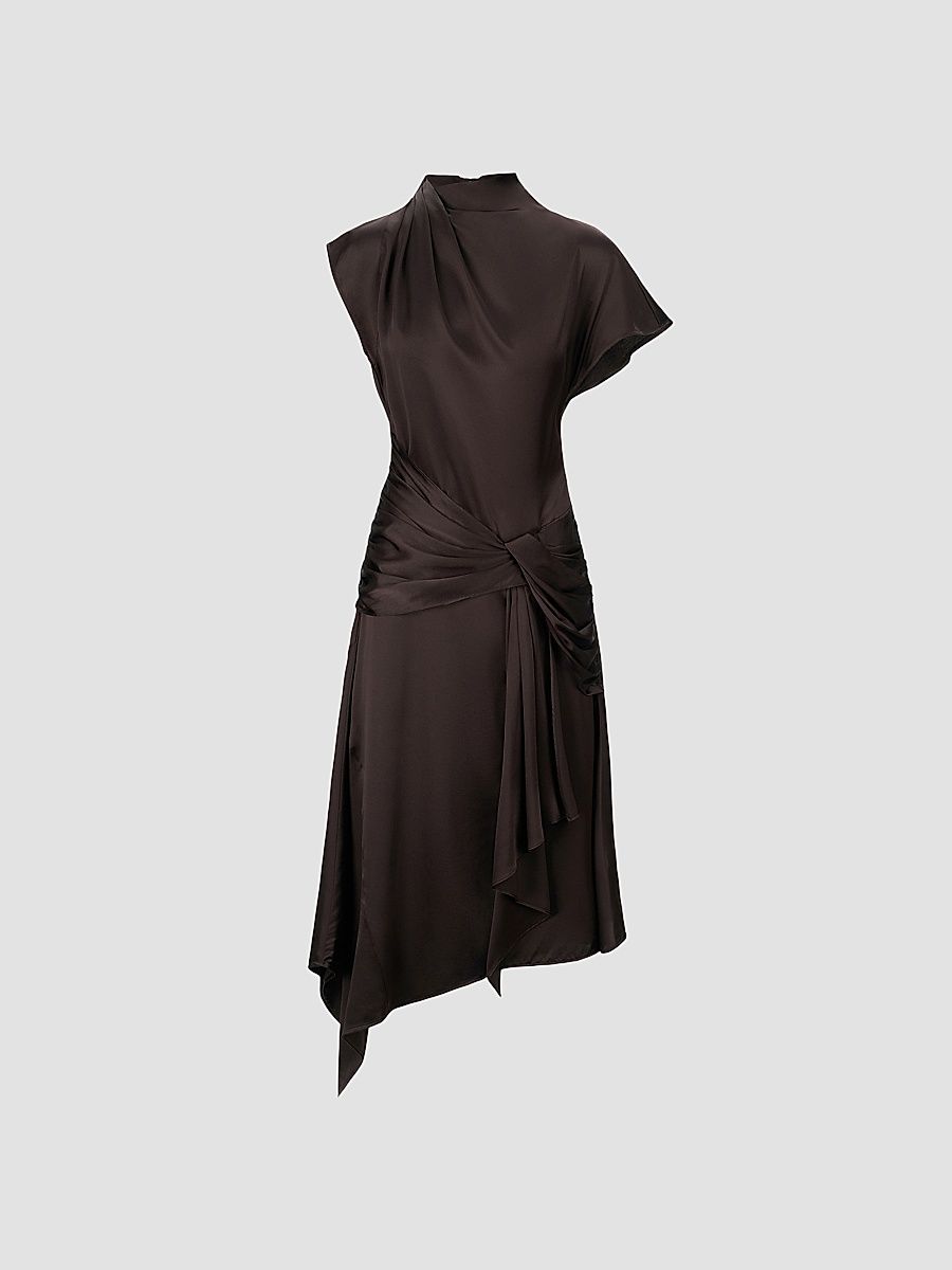 Women's Davina Front-Knot Asymmetric Satin Midi Dress - Earth - Size 14