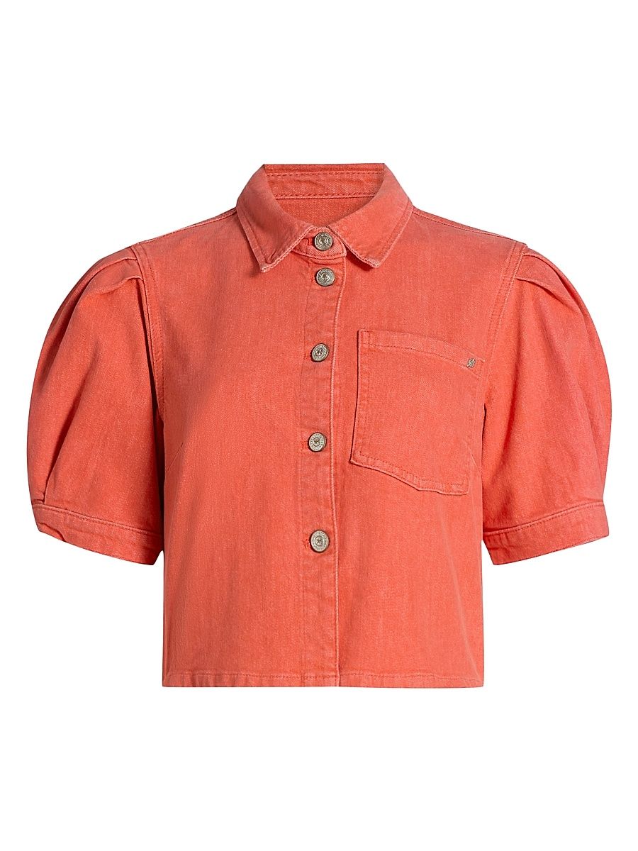 Women's Halsie Puff-Sleeve Denim Crop Top - Crimson Amaranth - Size XXS