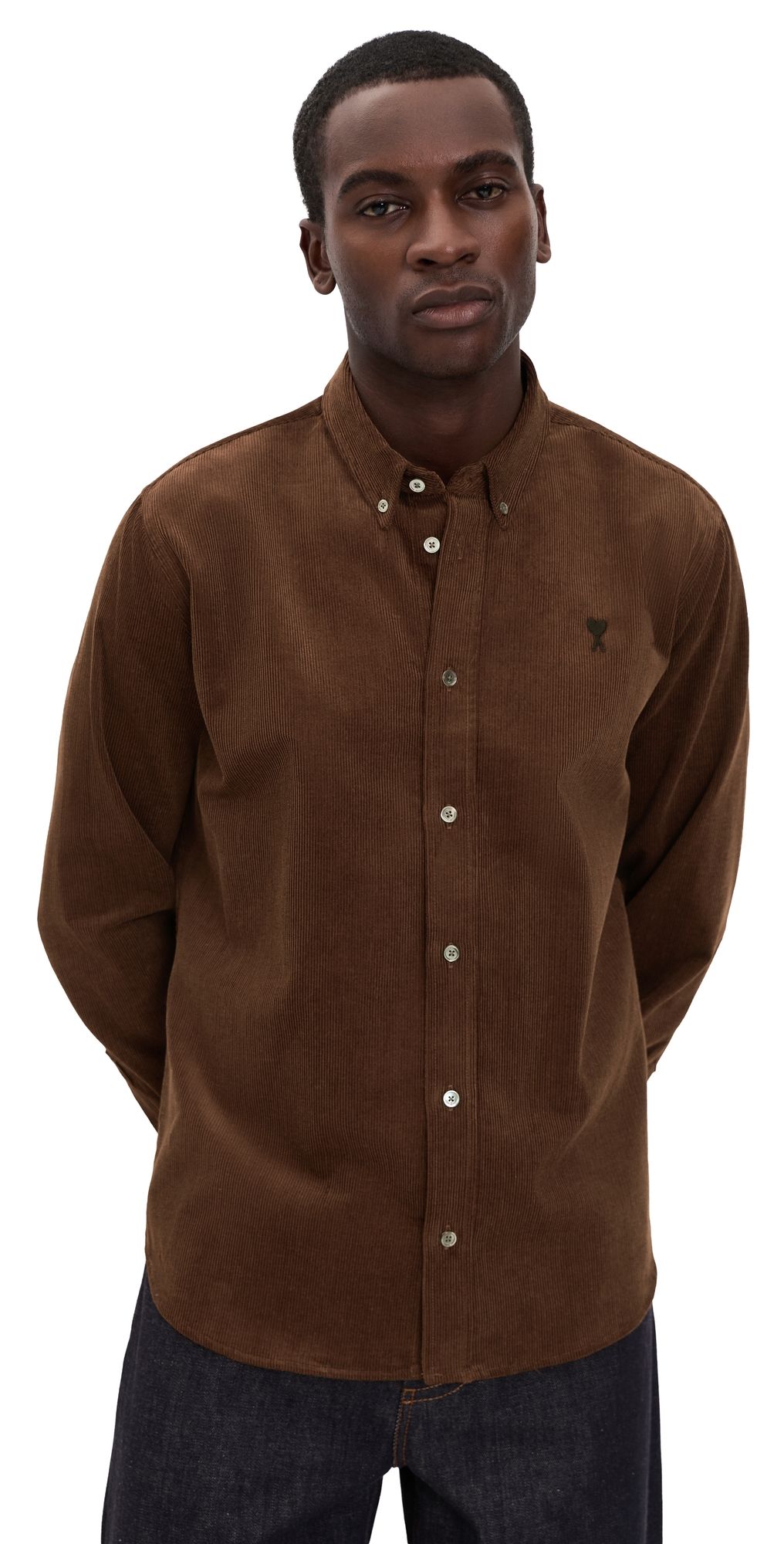 AMI Quota Contrasted Corduroy Ami De Coeur Button Down Shirt MARRON CHOCOLAT 40