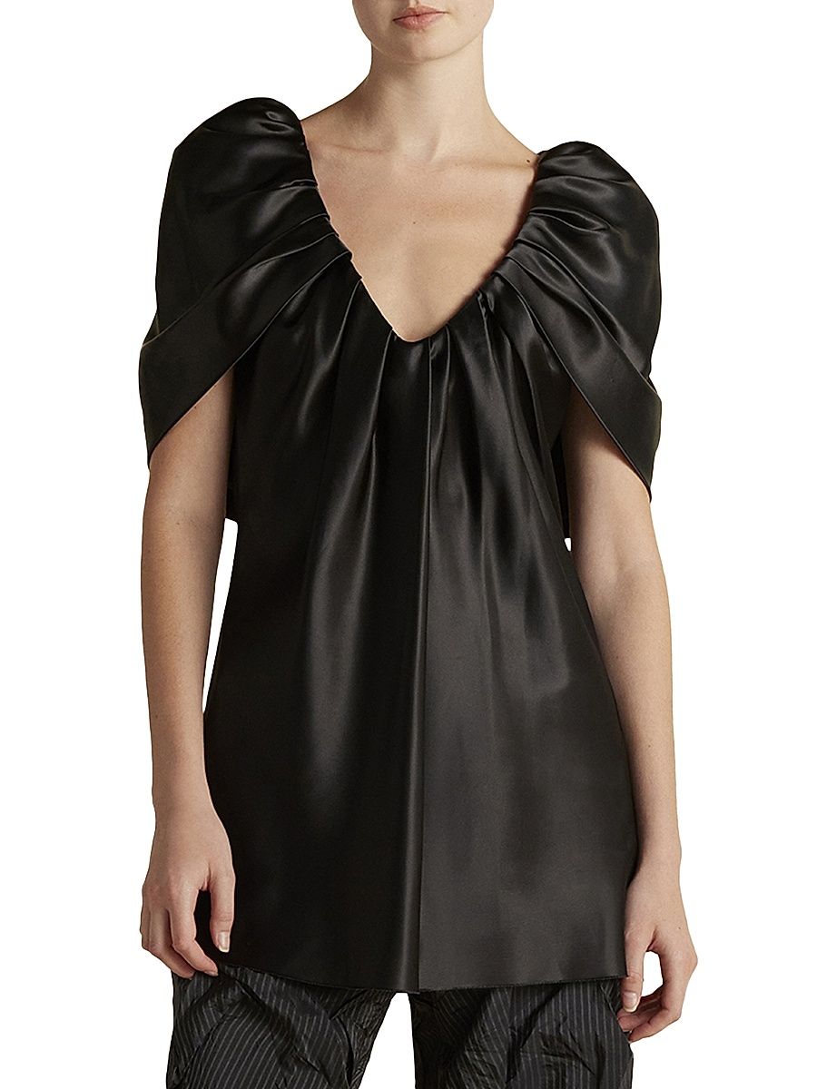 Women's Satin Top with Draped Neckline - Black - Size 10