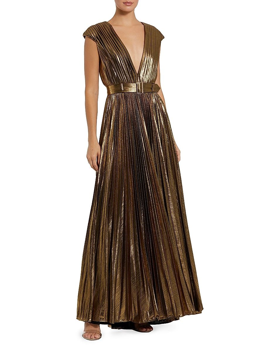 Women's Metallic Pleated Belted A-Line Gown - Bronze - Size 16