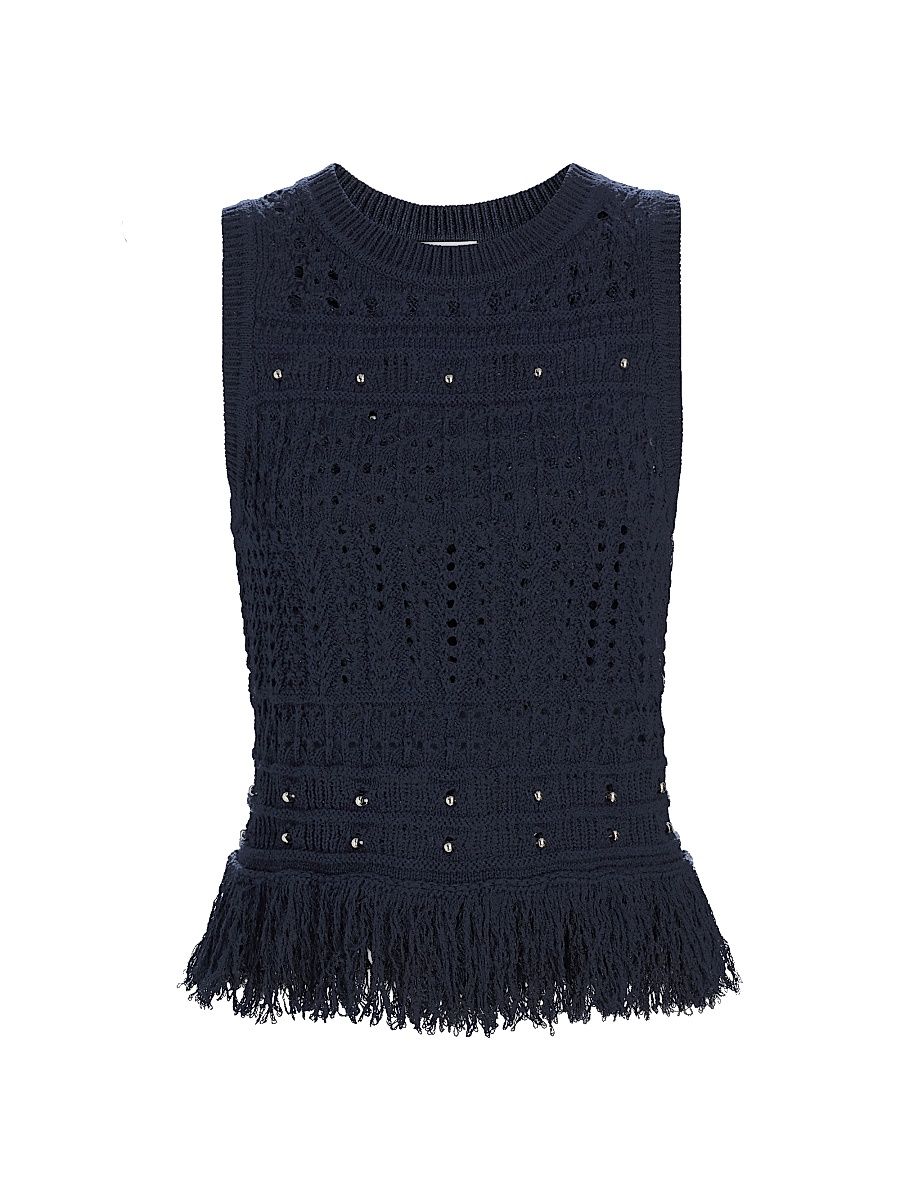 Women's Beaded Fringe Knit Sleeveless Top - Navy - Size Small
