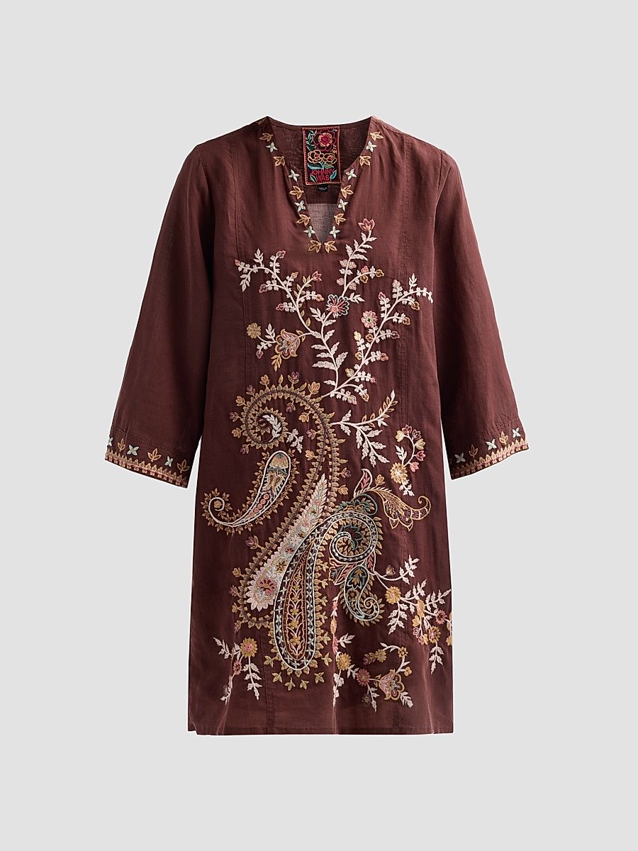 Women's Embroidered Paisley Swing Midi Dress - Bitter Chocolate - Size XL