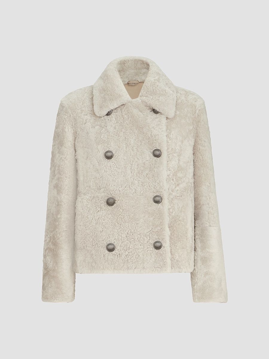 Women's Fuzzy Shearling Pea Coat - Ivory - Size 14