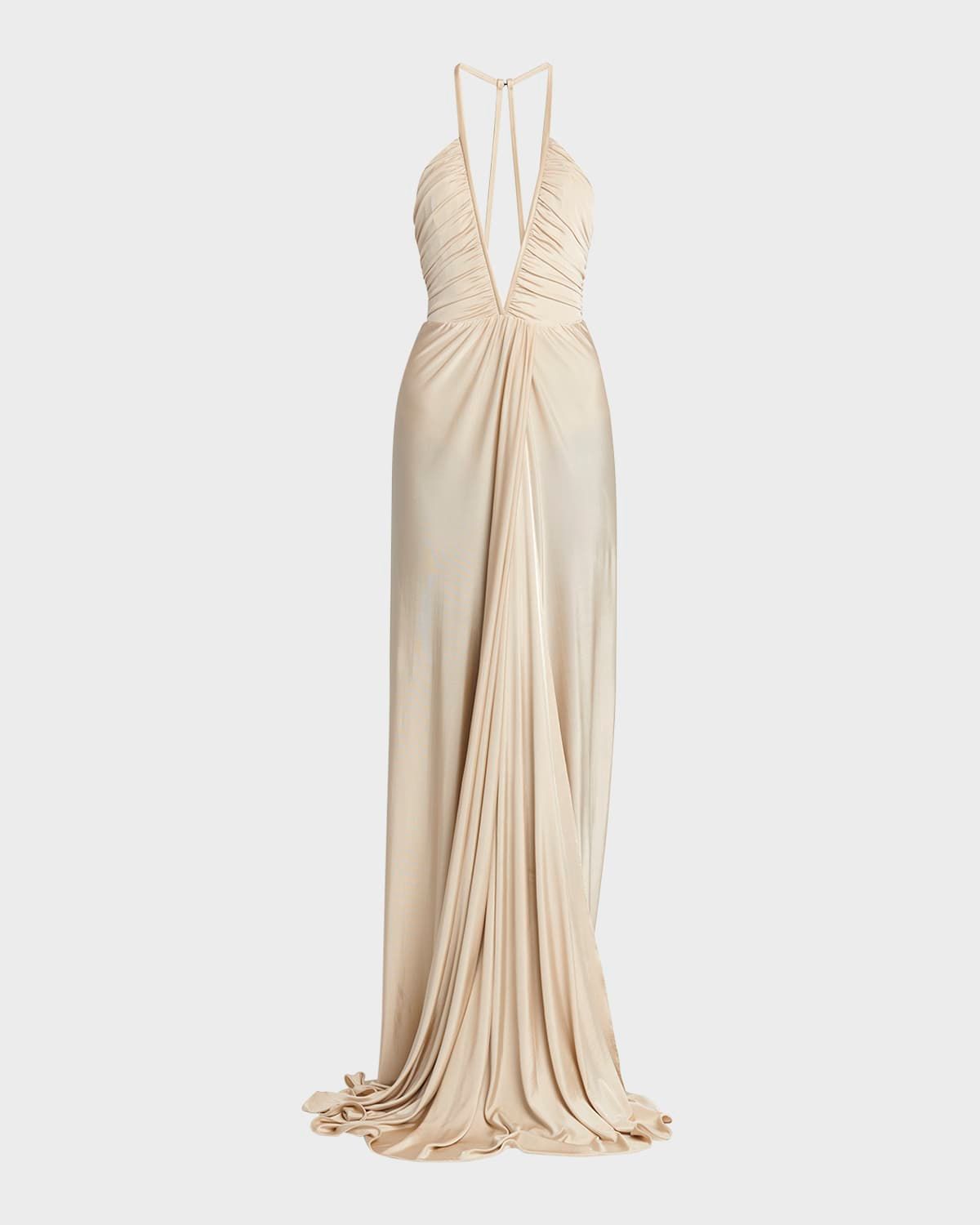 Plunging Ruched Fluid Jersey Slit Gown