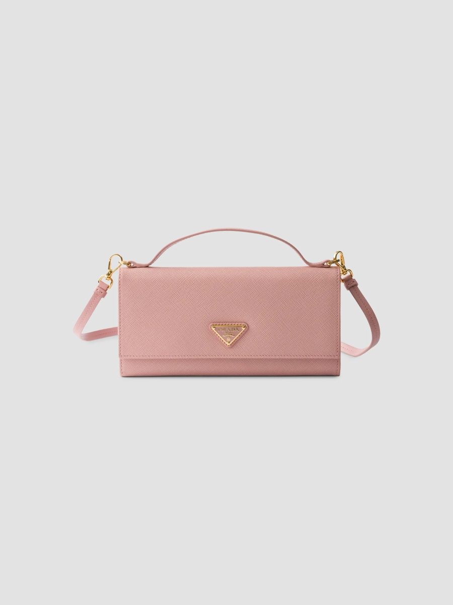 Prada Women's Saffiano Leather Wallet with Shoulder Strap - Light Pink