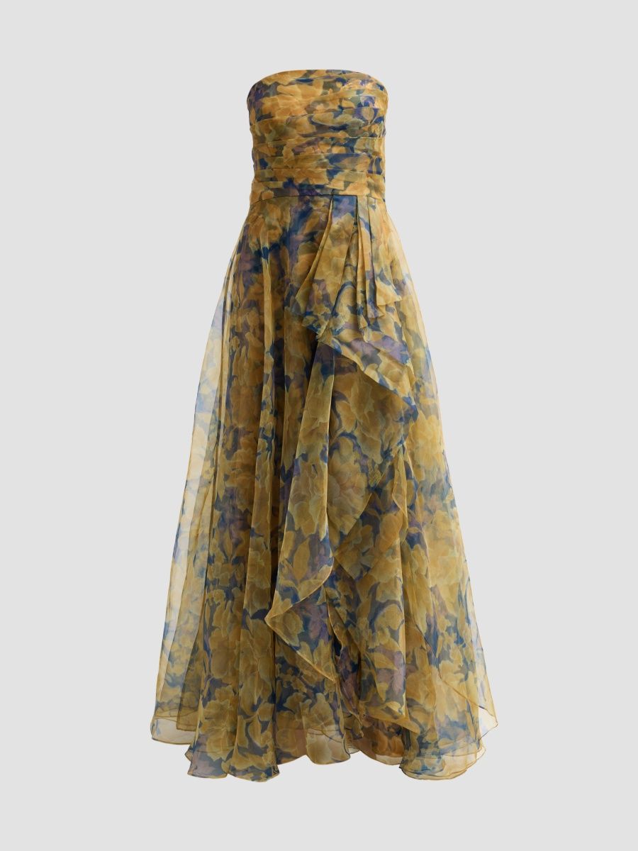 Theia Women's Fahreta Floral Organza Strapless Gown - Navy Climbing Blossom - Size 16