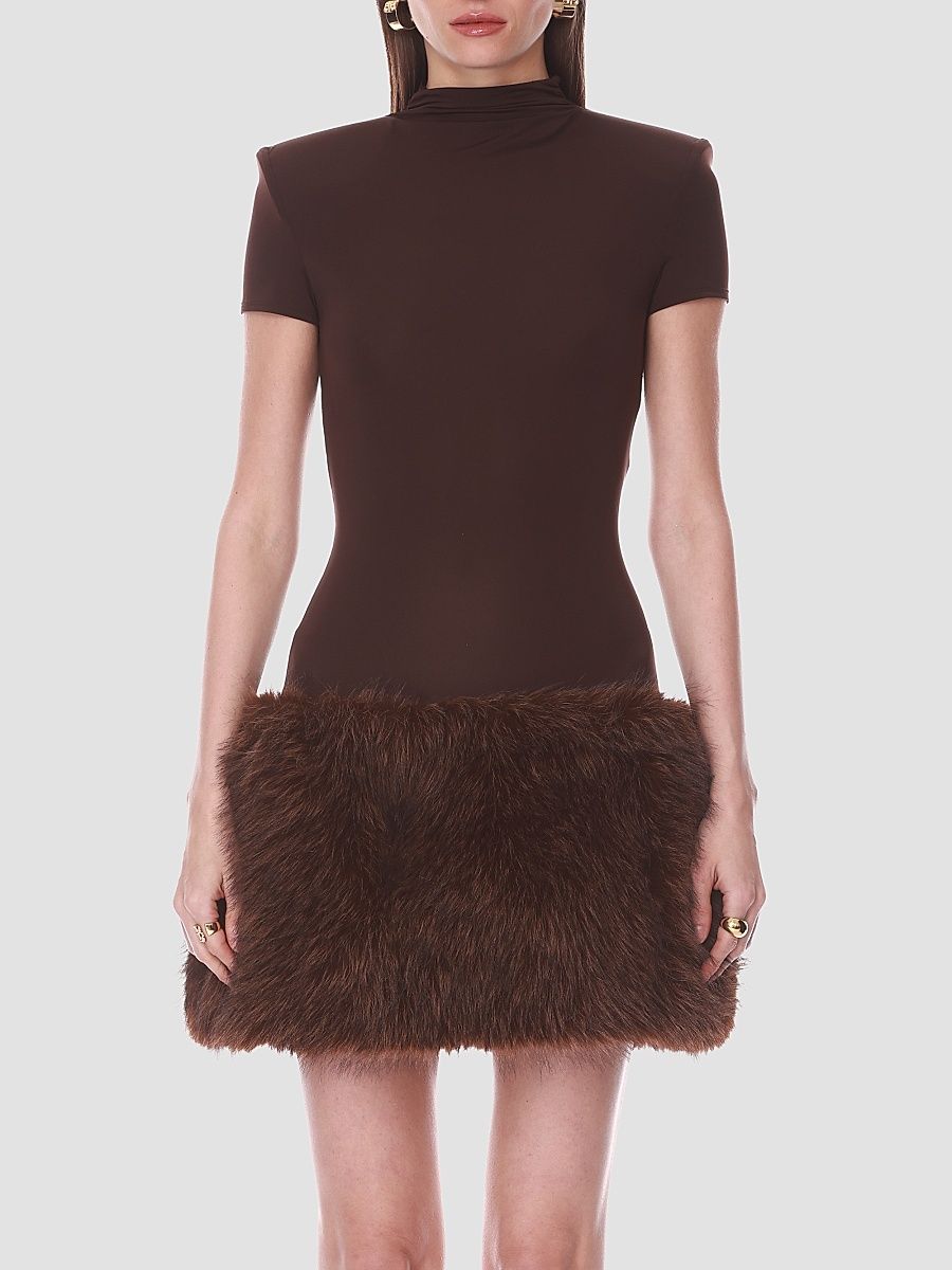 Bronx Banco Women's Faux-Fur Trim Mini Dress - Brown - Size Medium