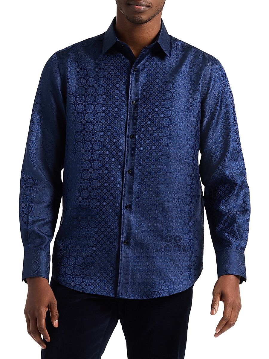 Men's Silk-Blend Tile Jacquard Button-Front Shirt - Navy - Size XXL