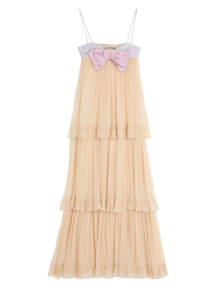Women's Embroidered Long Dress in Crepponne Chiffon - Natural - Size 6