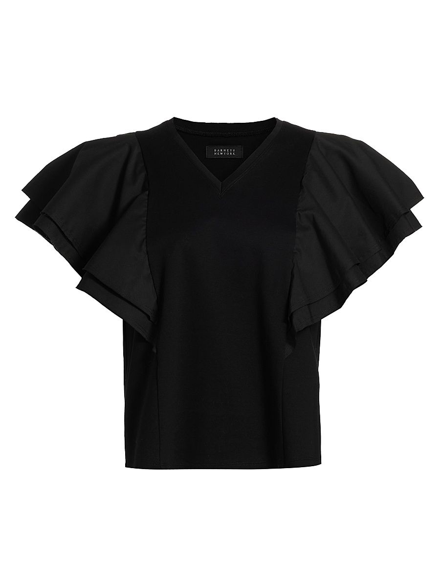 Women's Cotton Ruffled V-Neck T-Shirt - Black - Size Large