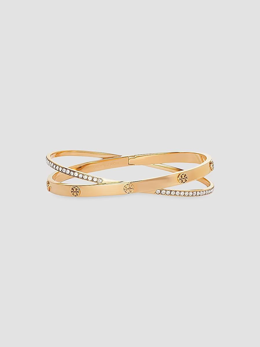 Tory Burch Women's Icon 18K-Gold-Plated & Cubic Zirconia Interlocking Logo Bangle - Tory Gold Crystal - Size Medium