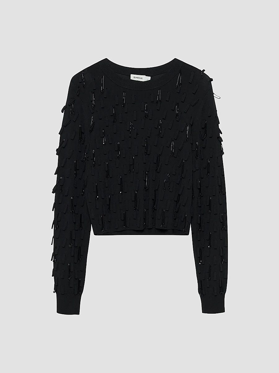 Women's Myra Fringe Long-Sleeve Sweater - Black - Size XS