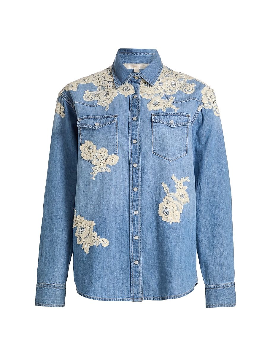 Women's Kelith Lace Appliqué Denim Shirt - Denim - Size Large