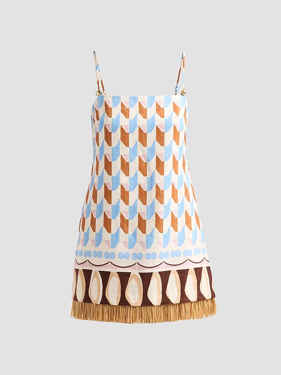 Women's Valencia Geometri Raffia Fringe Mini Dress - Talavera Tile Ivory - Size 14