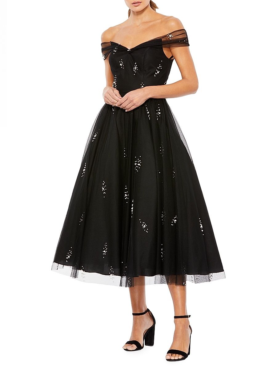 Women's Embellished Off-The-Shoulder Midi-Dress - Black - Size 14