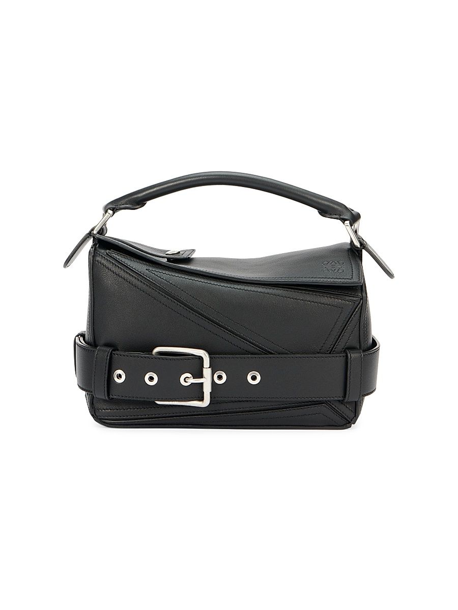 Women's Puzzle Biker Leather Top Handle Bag - Black
