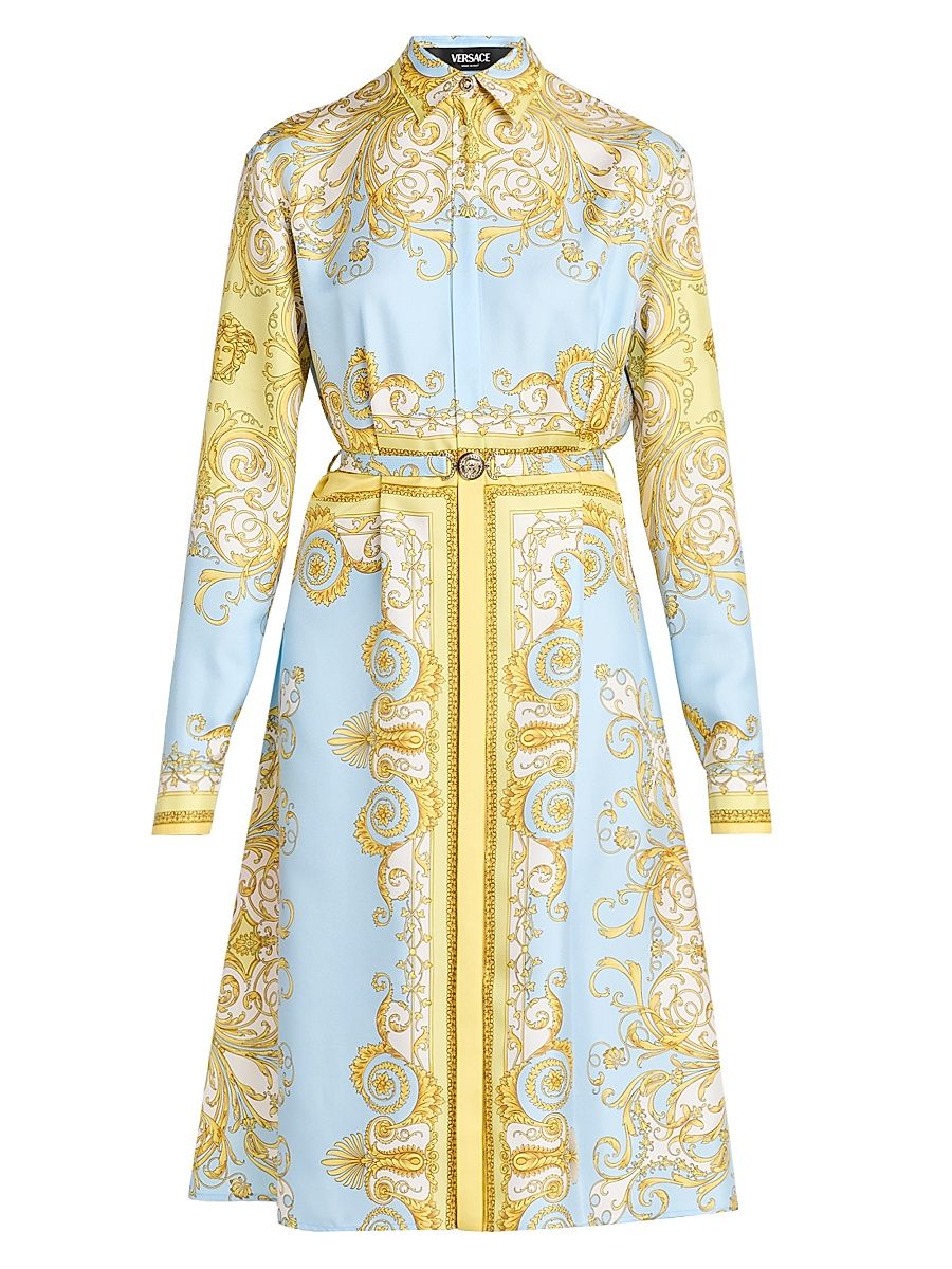 Women's Barocco Foulard Silk Twill Midi-Dress - Pale Yellow Pastel Blue - Size 2