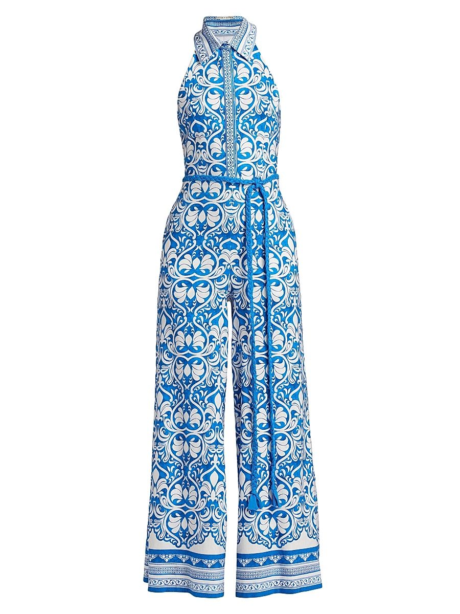 Women's Alara Linen-Blend Wide Leg Jumpsuit - Soiree True Blue - Size 10