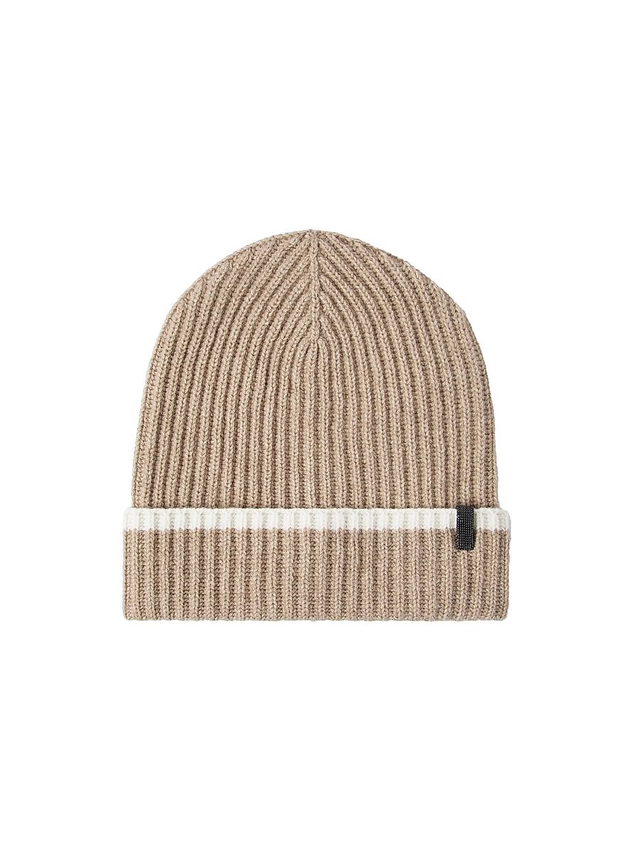 Women's Cashmere English Rib Knit Beanie with Monili - Light Brown - Size Large