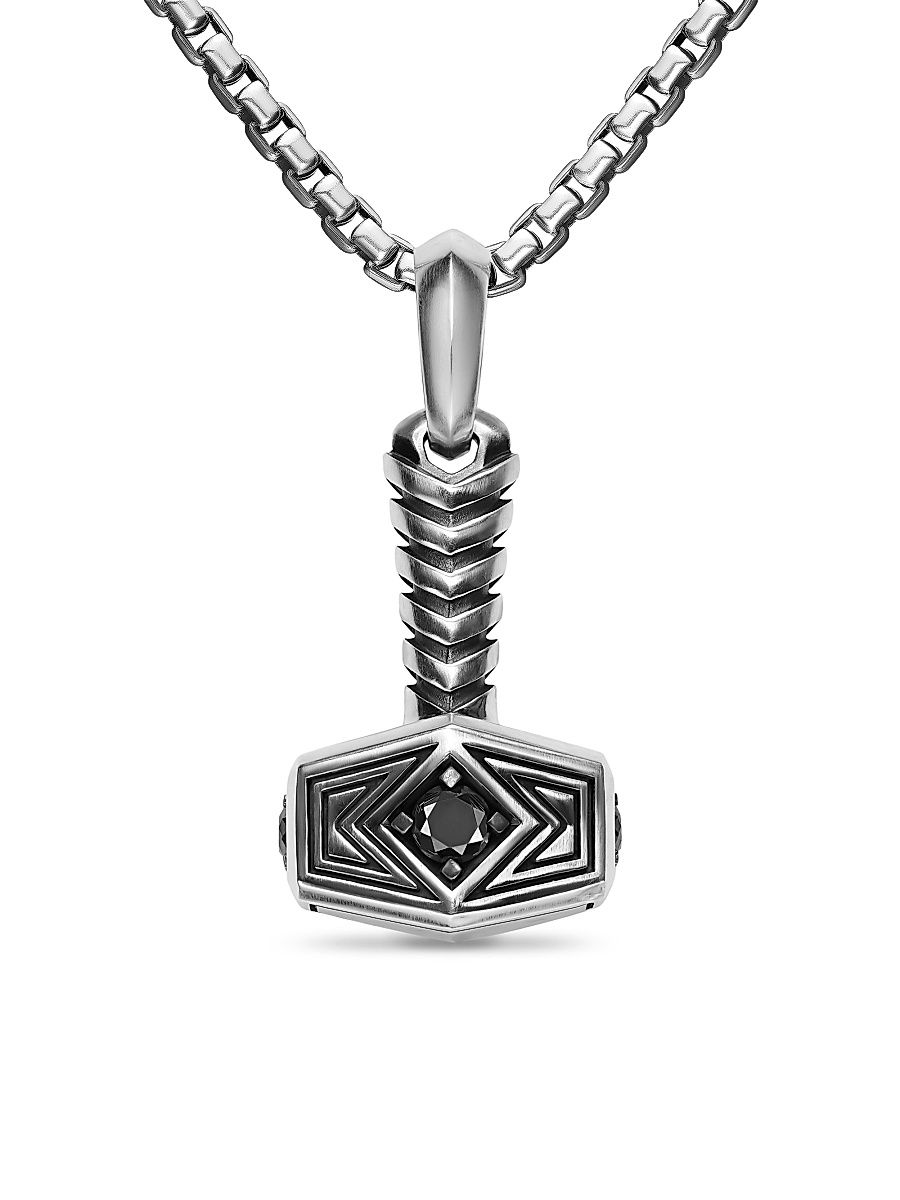 Men's Thor Hammer Amulet in Sterling Silver with Black Diamonds, 25MM - Black Diamond