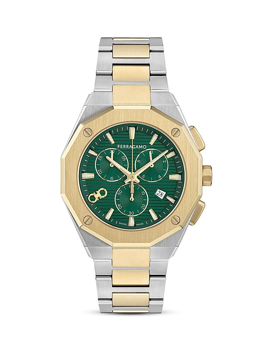 Men's Gancini Goldtone & Silvertone Ion-Plated Stainless Steel Bracelet Watch/42MM - Two Tone Green Dial