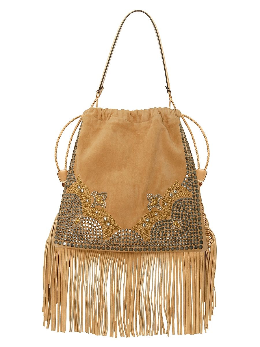 Women's Large Kalispera Stud & Fringe Suede Shoulder Bag - Sand