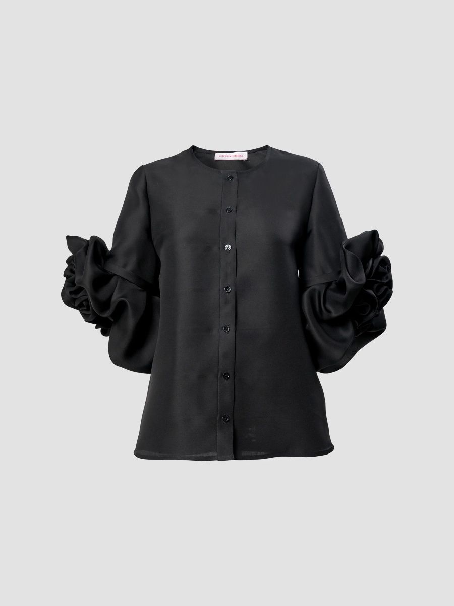 Carolina Herrera Women's Chalet Three-Quarter Flower-Sleeve Silk Top - Black - Size 0