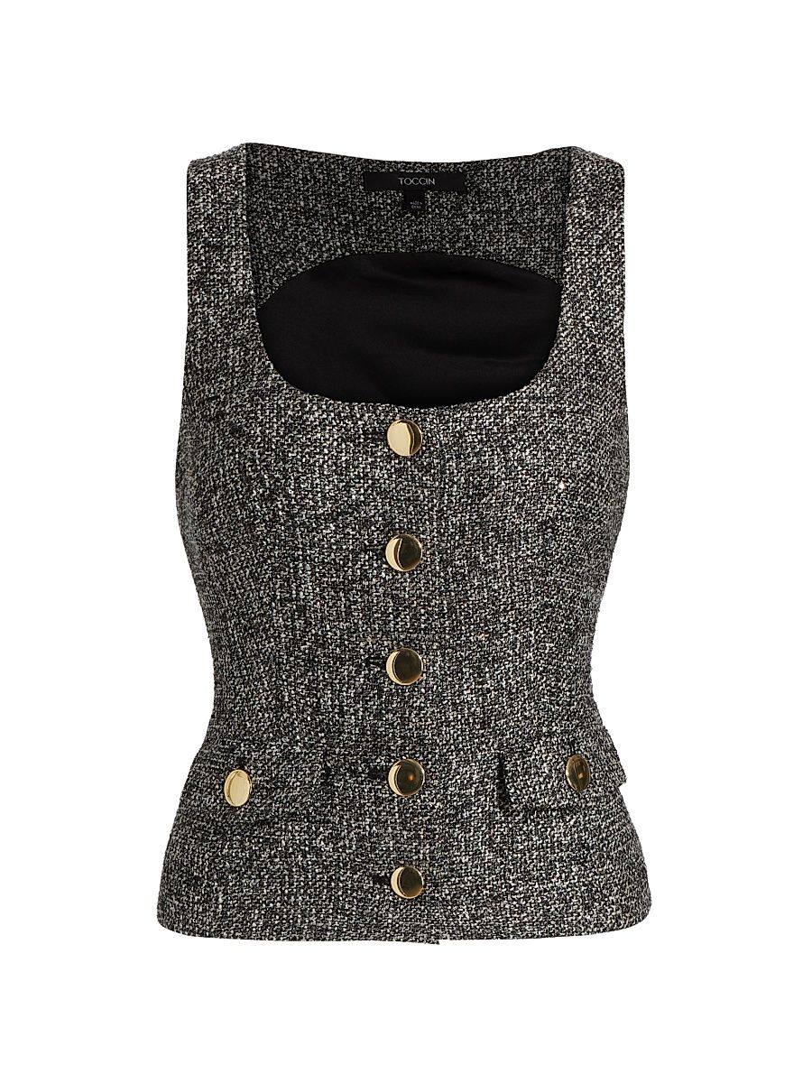 Women's Georgia Tweed Button-Front Top - Charcoal Multi - Size 14