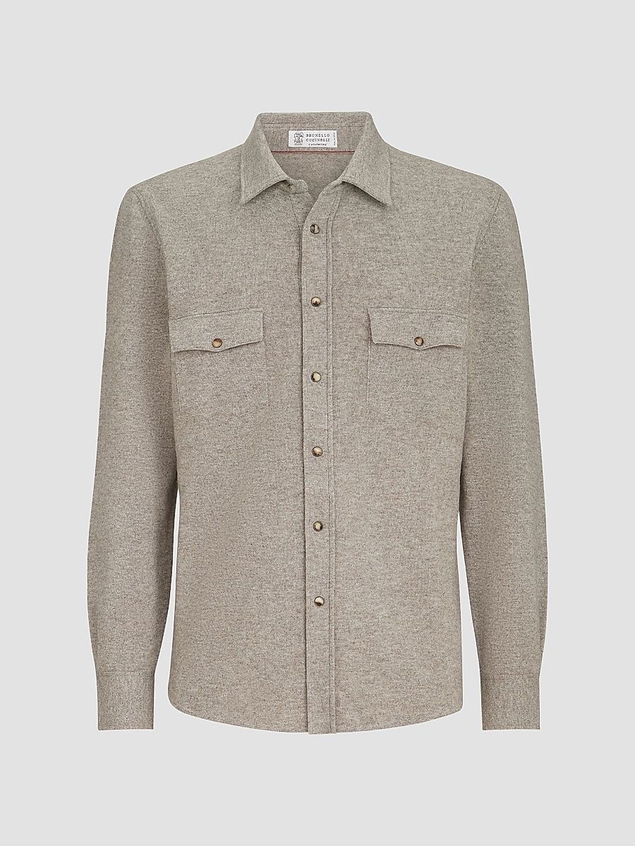 Men's Virgin Wool, Cashmere and Silk Knit Shirt - Stone Grey - Size 34