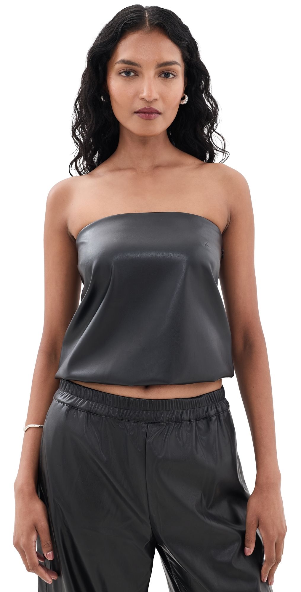 WAYF Camryn Faux Leather Strapless Top Black L