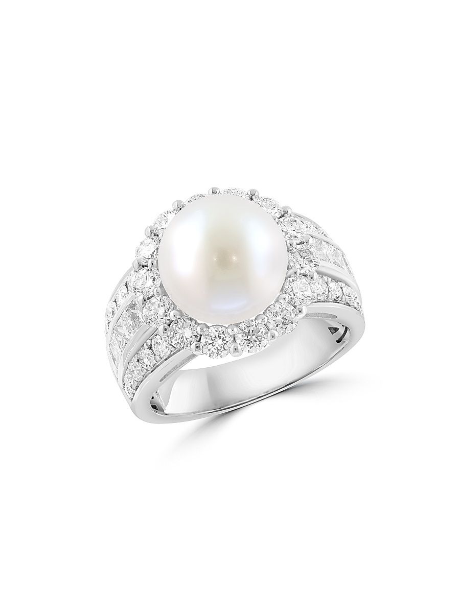 Women's 18K White Gold, Cultured Freshwater Pearl & 2.09 TCW Lab-Grown Diamond Halo Ring - White Gold - Size 7