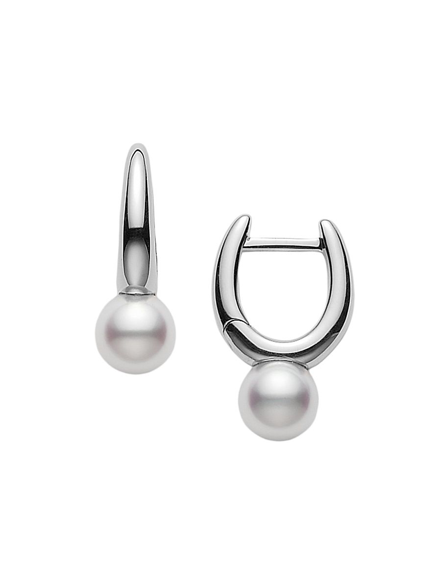 Women's 18K White Gold & 6.5MM White Cultured Akoya Pearl Huggie Hoop Earrings - White Gold