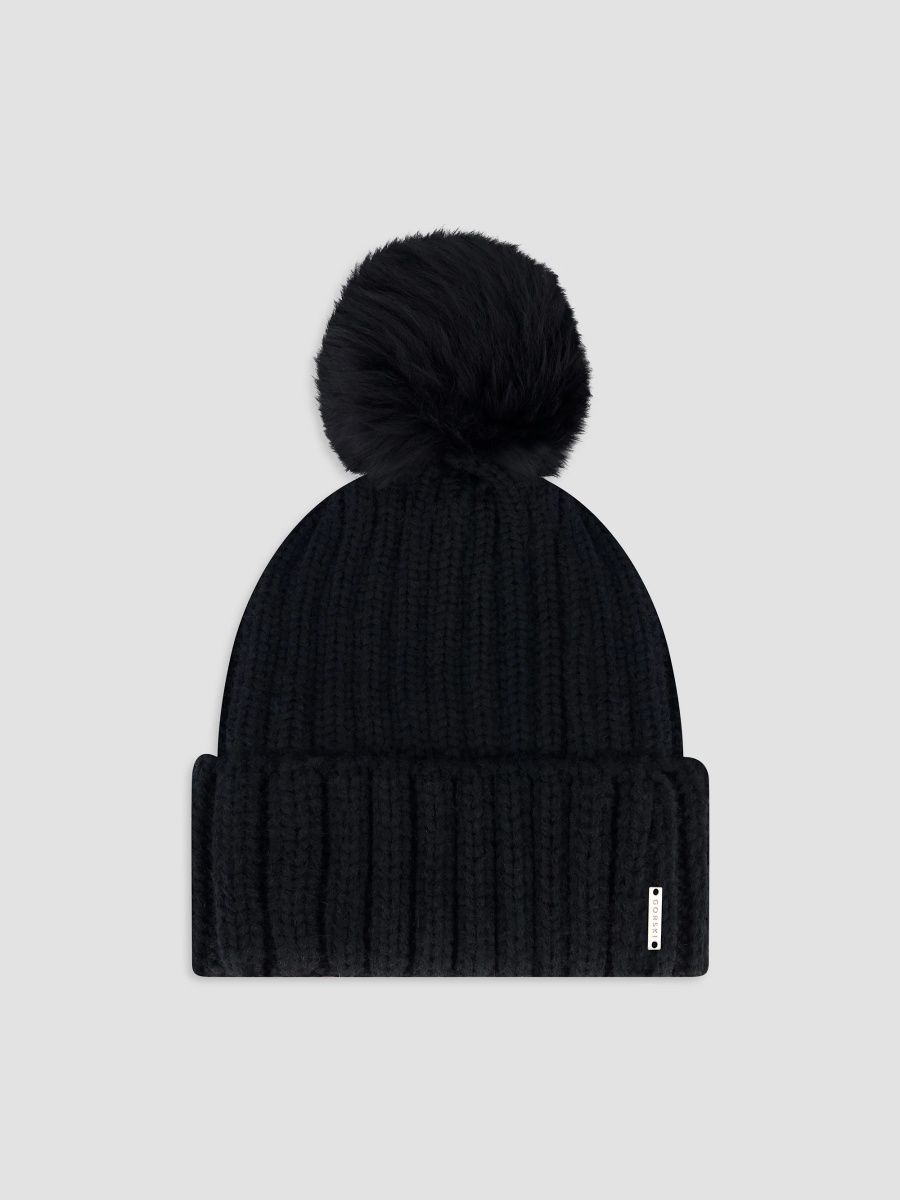 Gorski Women's Knit Hat with Merinillo Shearling Lamb Pompom - Black