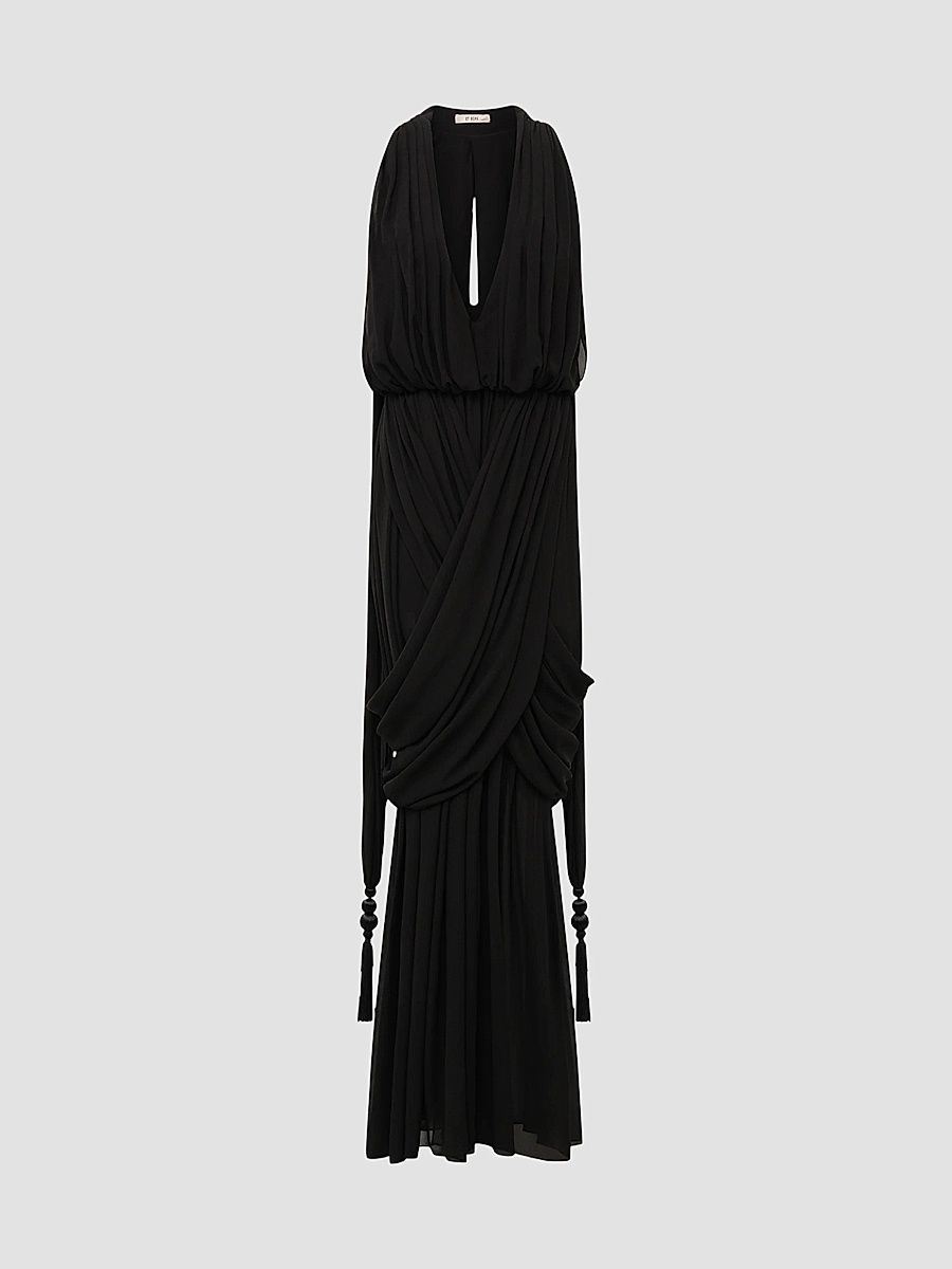Women's Arabella Draped Tassel-Trim Chiffon Gown - Black - Size 12