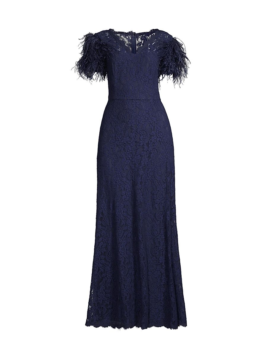 Women's Lace & Feather V-Neck Gown - Navy - Size 16