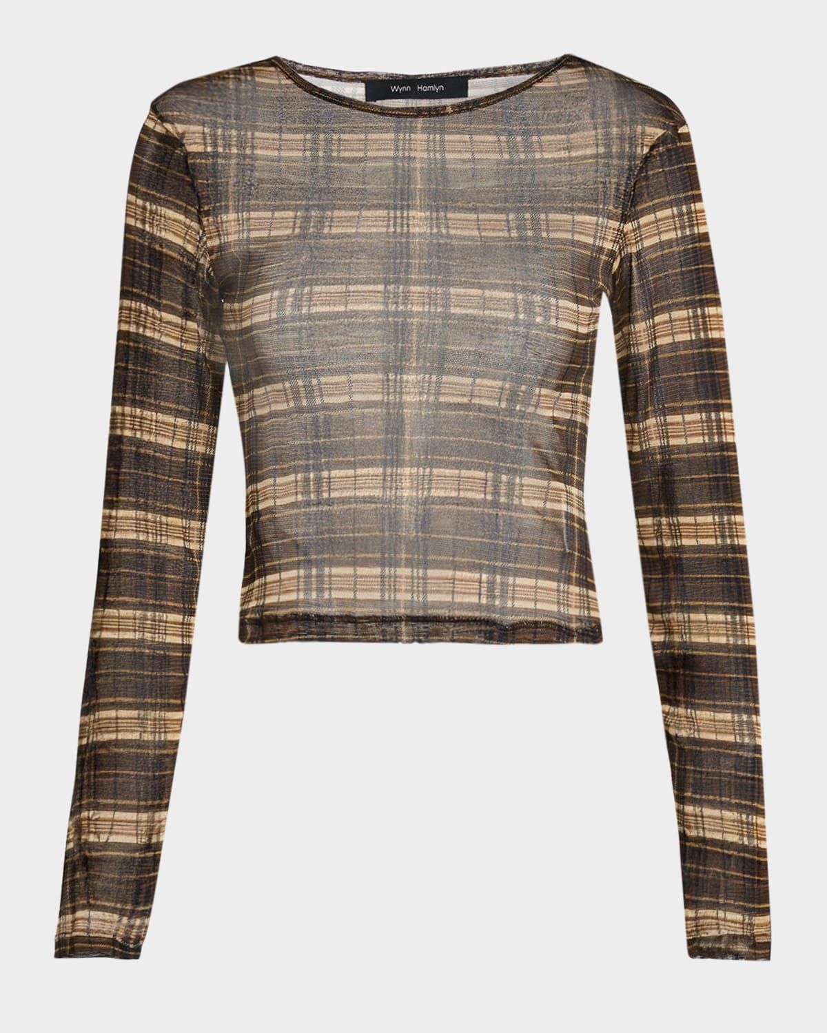 Plaid Silk-Mesh Long-Sleeve Top