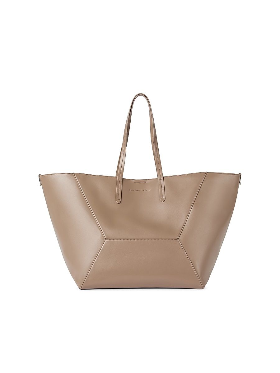 Women's Duo Large Tote Bag in Calfskin with Monili - Hazelnut