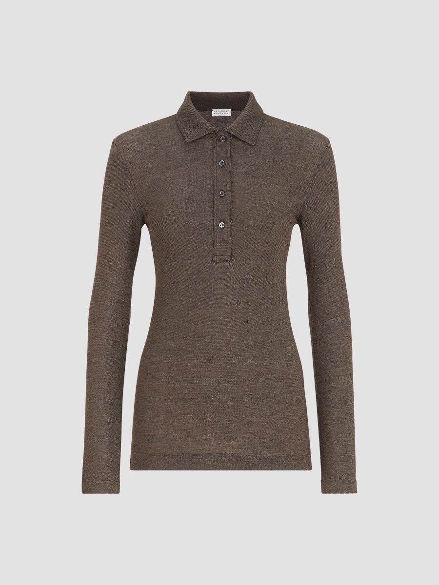 Brunello Cucinelli Women's Sparkling Virgin Wool Jersey Polo Shirt - Coffee - Size XXL