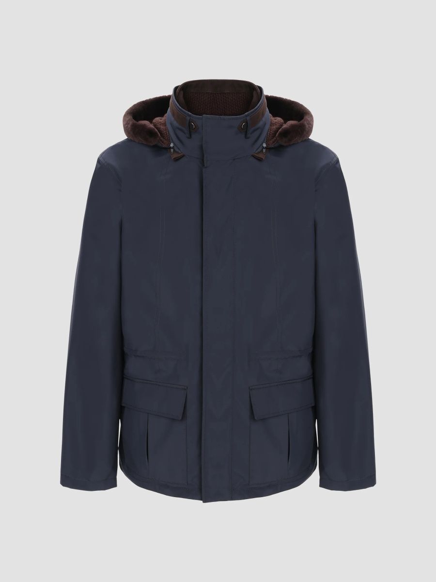 Gorski Men's Water Repellent Parka Jacket with Select Shearling Lamb Trim - Navy - Size XXL