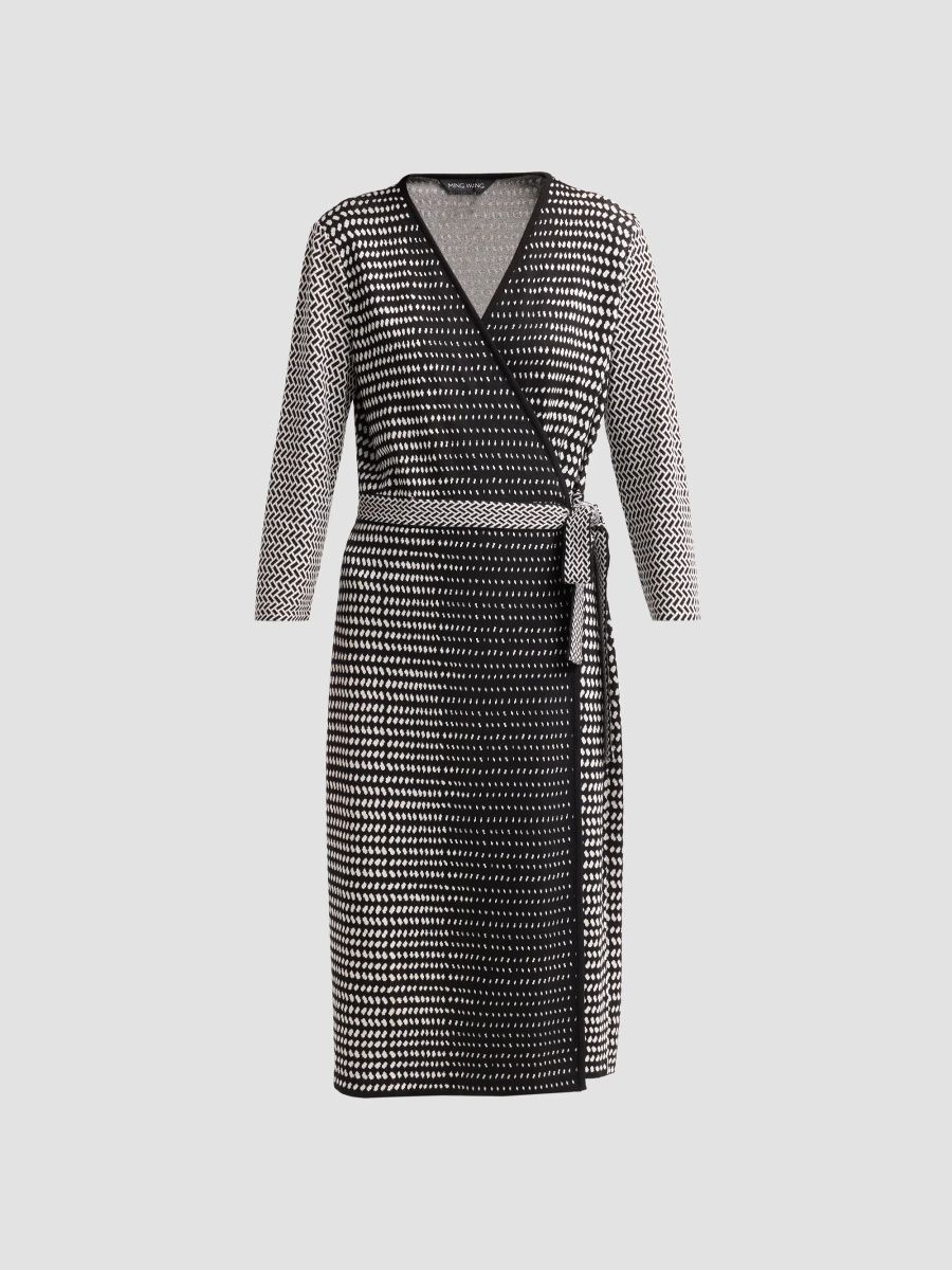 Ming Wang Women's Monochrome Knee-Length Wrap Dress - Black Ivory - Size XL