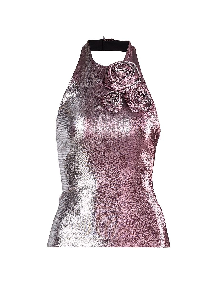Women's Stretch-Lamé Rosette Halter Top - Pink Silver - Size Medium