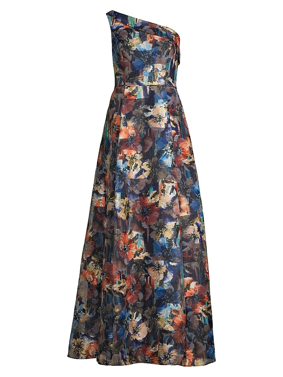 Women's One-Shoulder Floral Ball Gown - Blue Multi - Size 2
