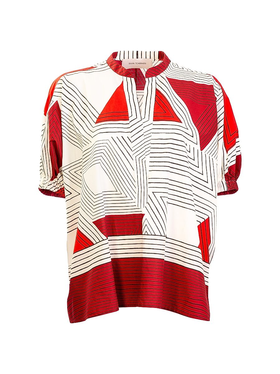 Women's Susanne Geometric Cotton Blouse - Rouge Geometric - Size Large