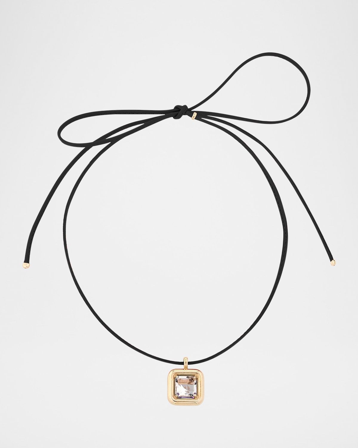 9K Yellow Gold Square Rock Crystal Pendant on Leather Cord Necklace