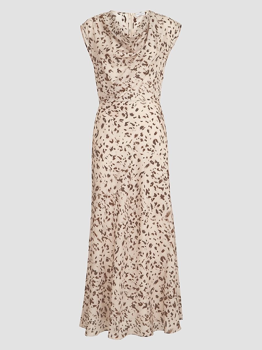 Women's Lynx Print Silk Pongee Draped Dress with Monili - Beige - Size XS