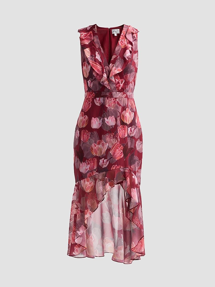 Women's Nanci Ruffled Floral V-Neck Midi Dress - Red Multi - Size 12