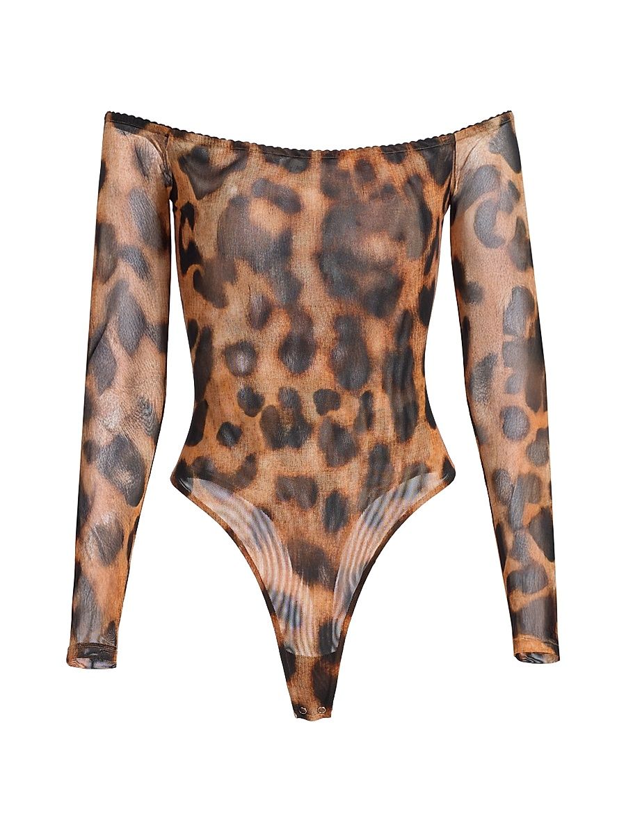 Women's Peonie Leopard-Print Off-the-Shoulder Bodysuit - Tan Black Large Leopard - Size Large