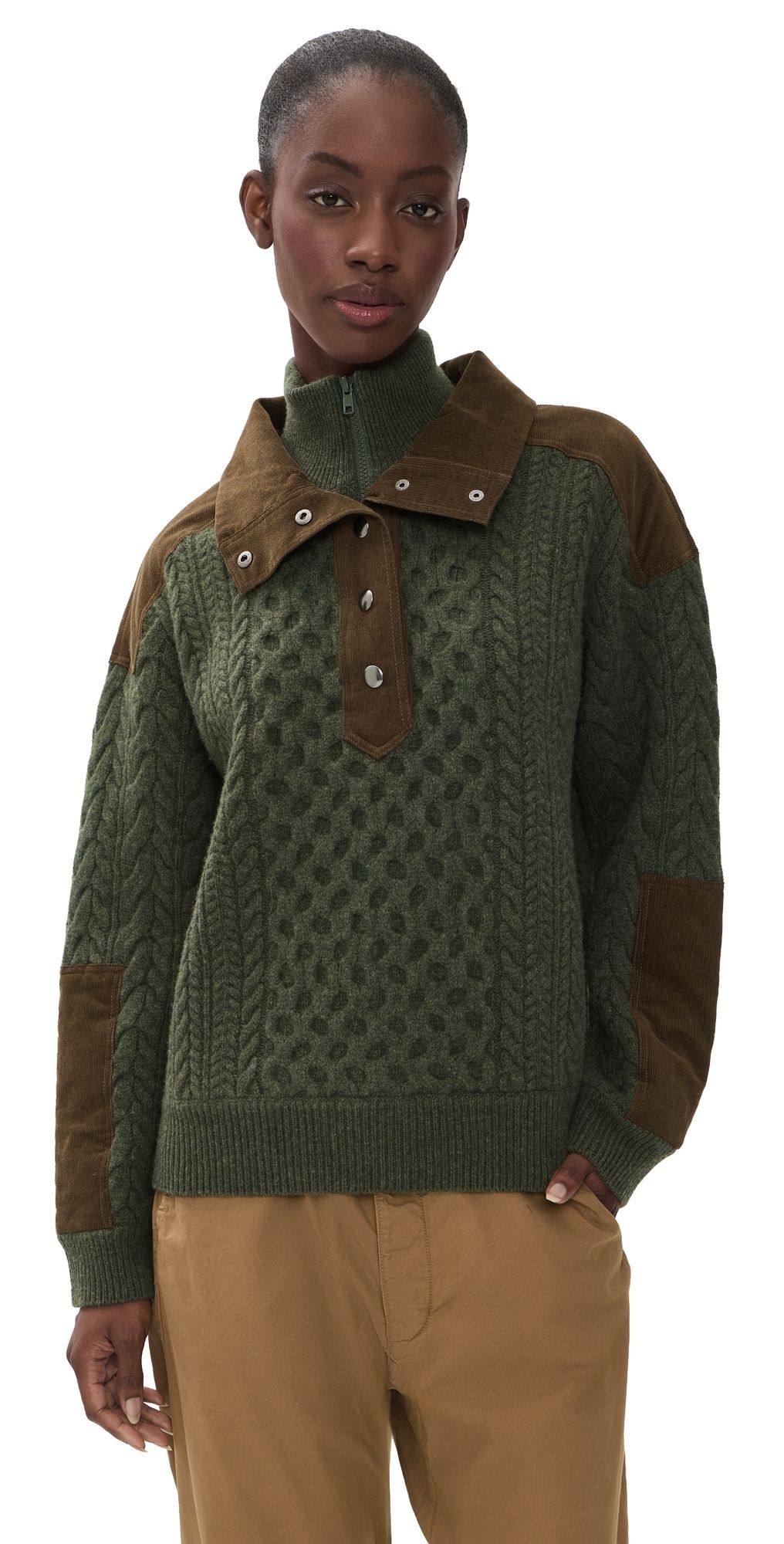 Sea Allen Cable Half Zip Double Layer Sweater Green XXS