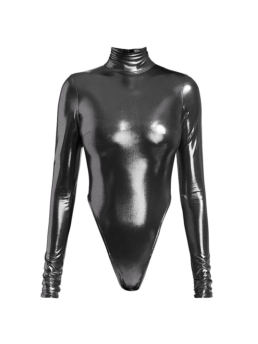 Women's Metallic Long-Sleeve Turtleneck Bodysuit - Silver - Size Medium